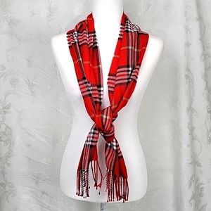 V.Fraas Red Plaid Scarf 100% Acrylic White Black Tan 70" x 11.5" Soft